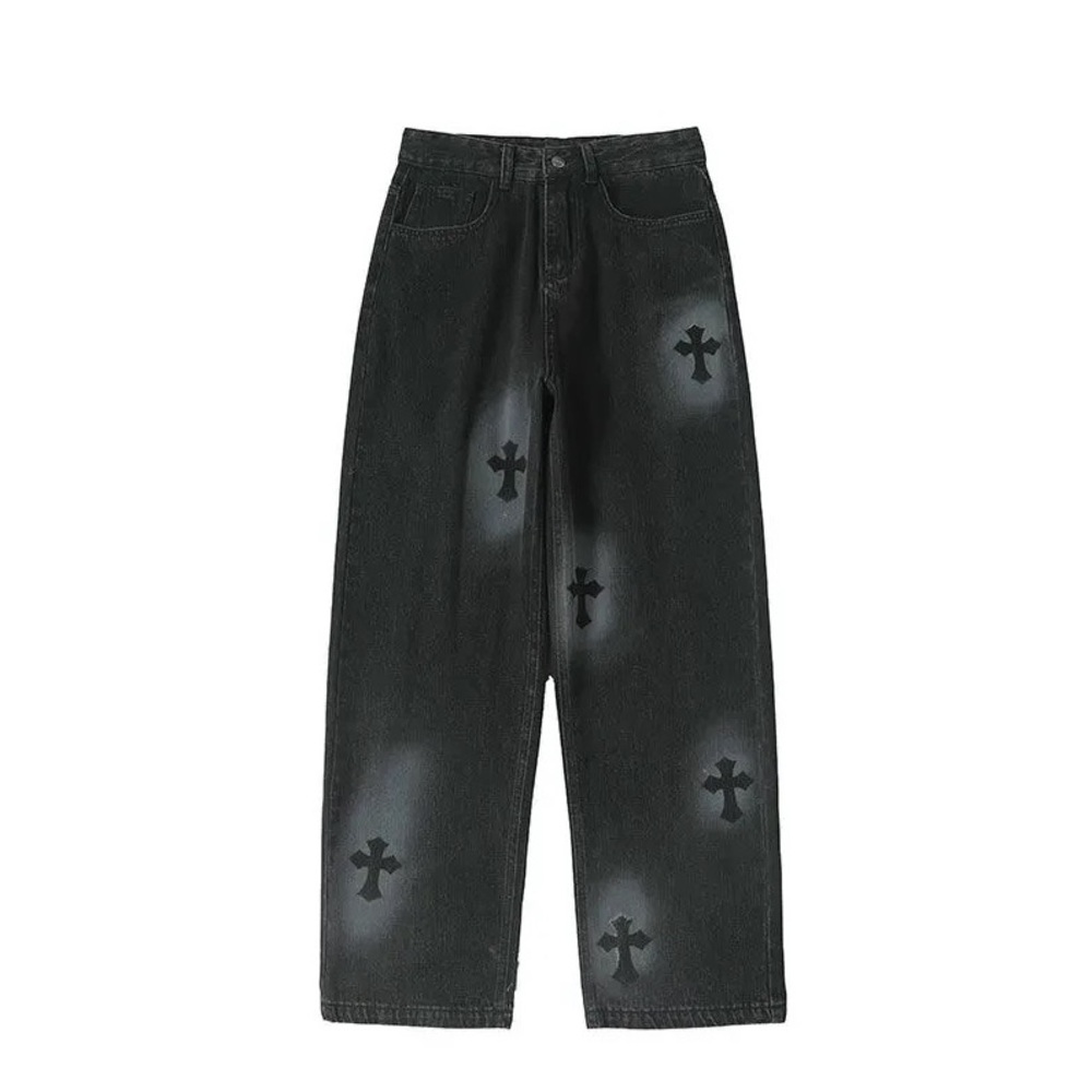 Grey Y2k Cross Design Jeans